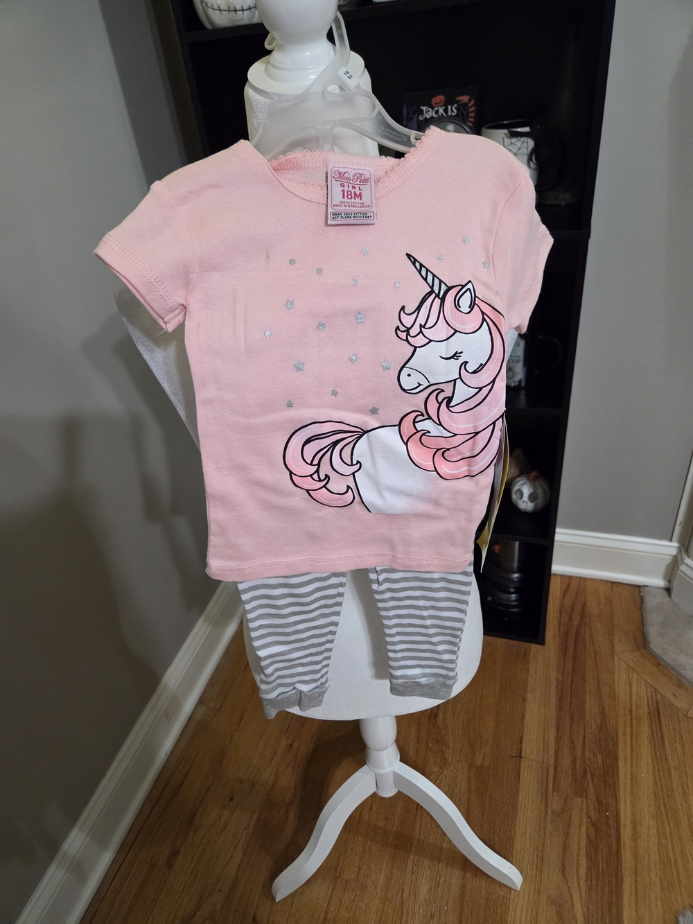 Pink Unicorn Short Sleeve Pajama Set with Gray Striped Leggings